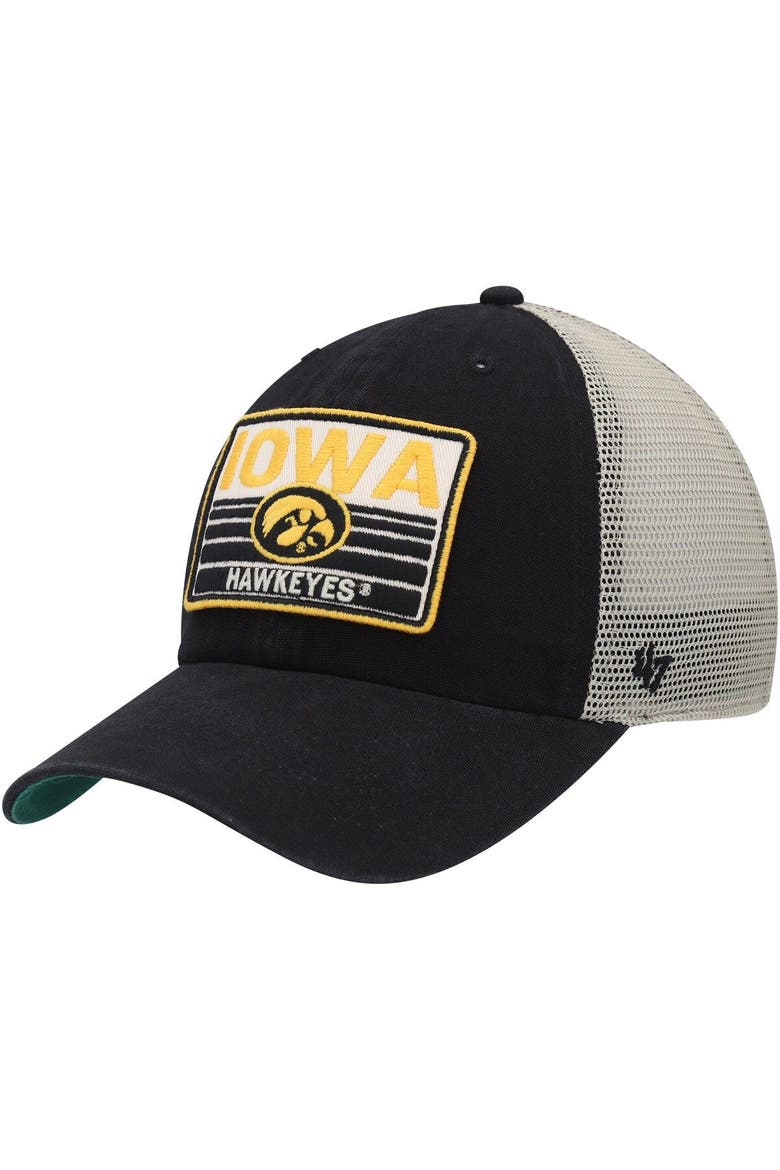 Men's '47 Black/Natural Iowa Hawkeyes Four Stroke Clean Up Trucker Snapback Hat, Main, color, Black