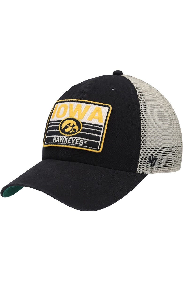 '47 Men's '47 Black/Natural Iowa Hawkeyes Four Stroke Clean Up Trucker Snapback Hat, Main, color, Black