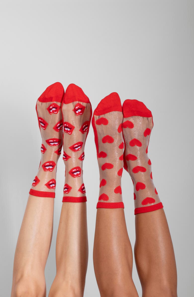 LECHERY<sup>®</sup> 2-Pack Hearts & Lips Sheer Crew Socks, Alternate, color, 