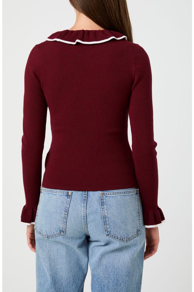 Ruffle Neck Ribbed Sweater, Alternate, color, BURGUNDY/ WHITE