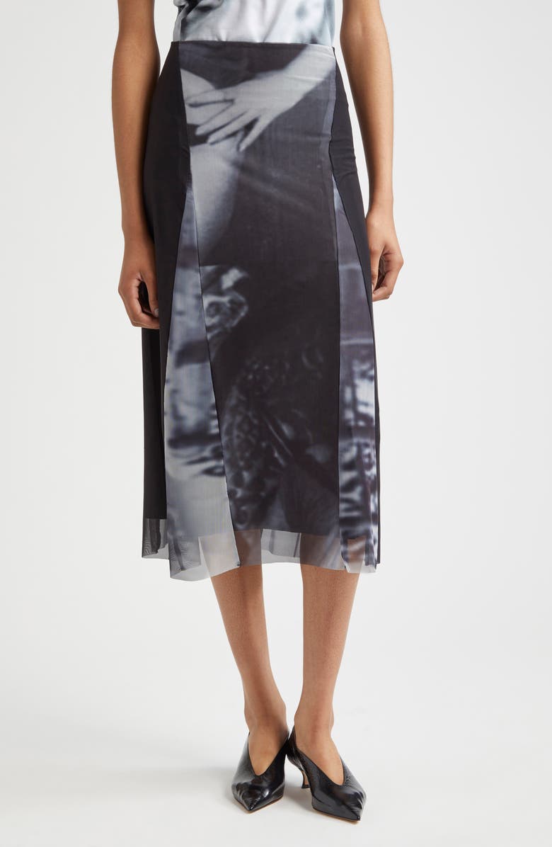 ELLISS Noire Print Sheer Mesh A-Line Skirt, Main, color, 