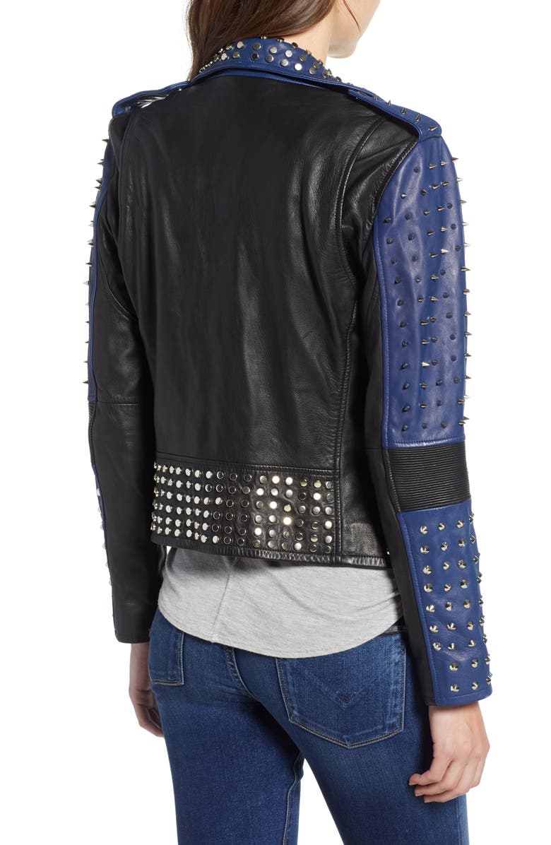 Hudson Jeans Colorblock Studded Lambskin Leather Biker Jacket, Alternate, color,