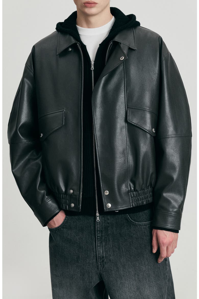 Gender Inclusive Cropped Faux Leather Bomber Jacket, Main, color, BLACK