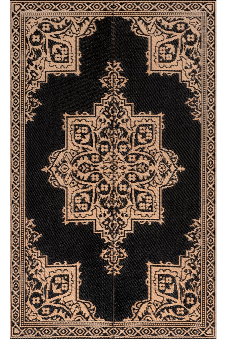 Dory Medallion Border Foldable Waterproof Reversible Plastic Straw Outdoor Rug, Main, color, Black/Cream