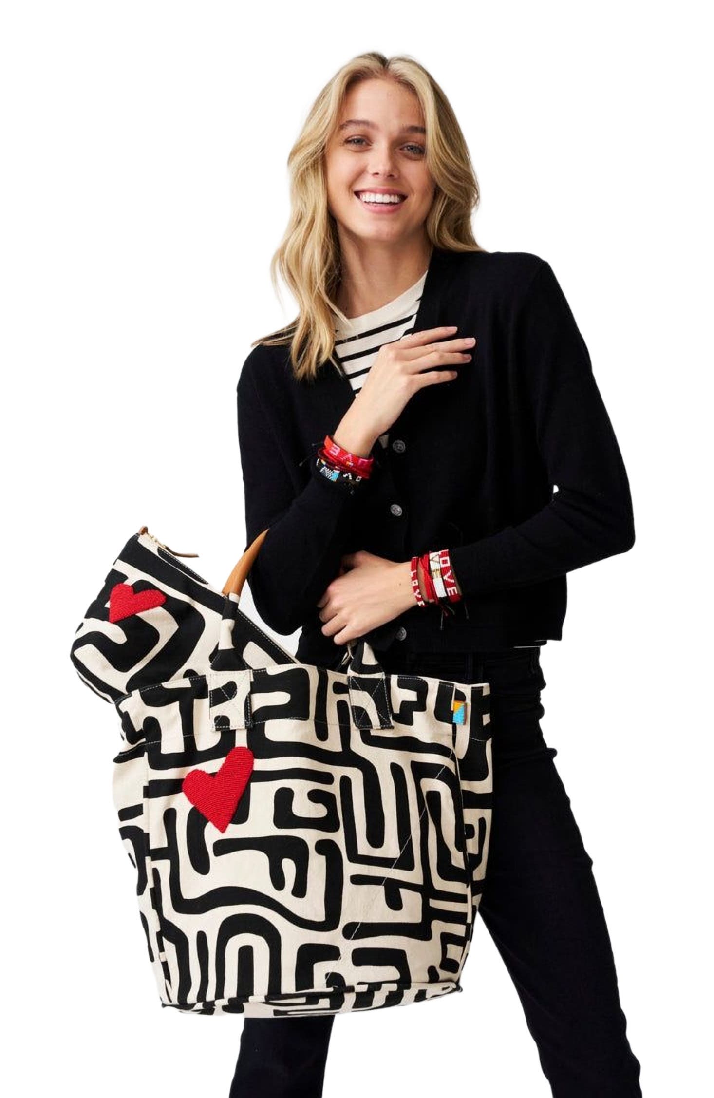 Ubuntu Life XLarge Convertible Pouch with Red Beaded Heart, Alternate, color, Black Kuba