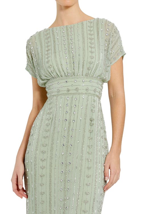Mac Duggal Beaded Empire Waist Column Midi Cocktail Dress In Sage