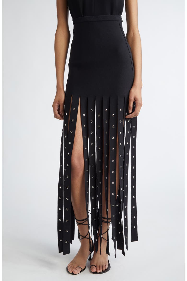 Effe Studded Fringe Hem Compact Knit Skirt, Main, color, BLACK