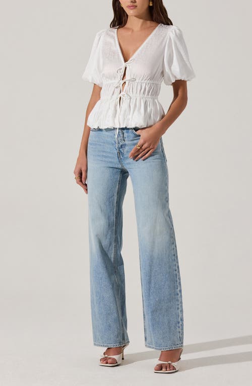 ASTR ASTR THE LABEL FLORAL JACQUARD TIE FRONT PUFF SLEEVE TOP