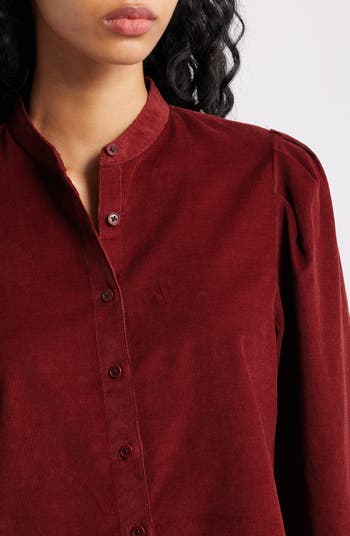 Puff Sleeve Corduroy Button-Up Shirt