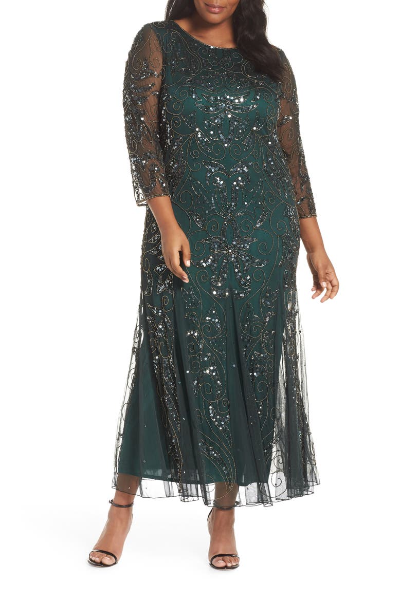 Embellished Three Quarter Sleeve Gown, Main, color, HUNTER