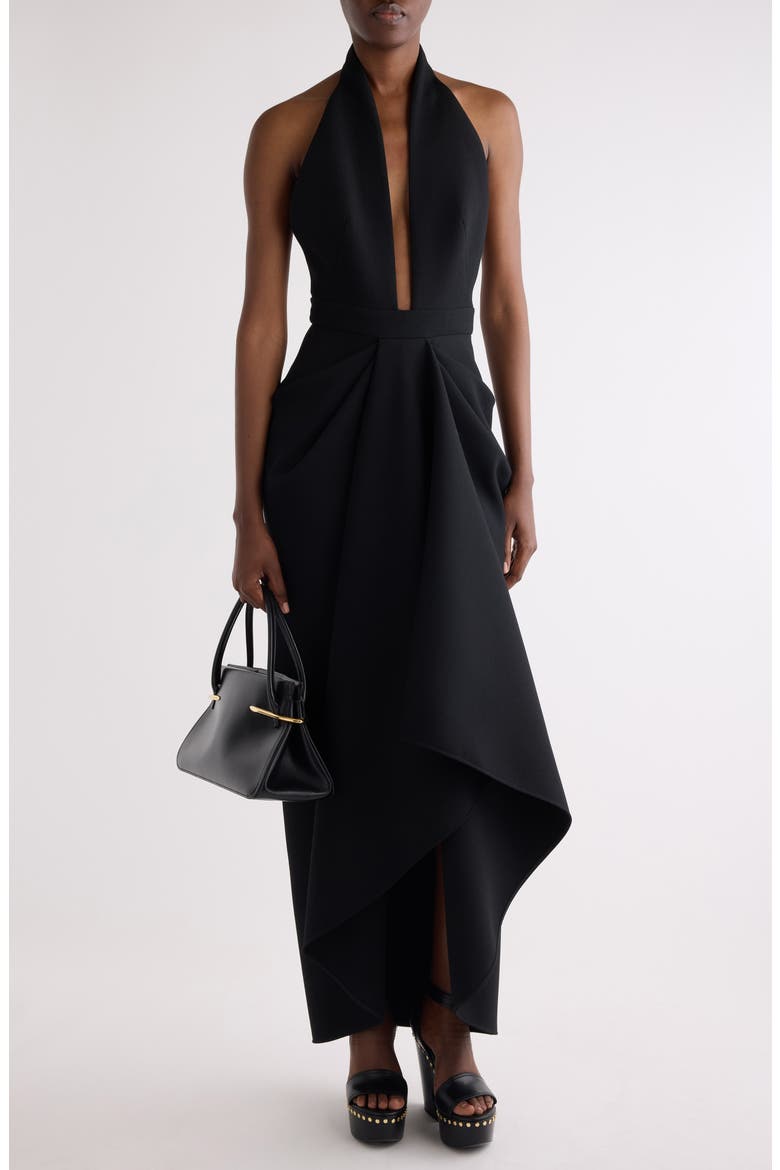 Draped Stretch Wool Blend Halter Dress, Alternate, color, BLACK
