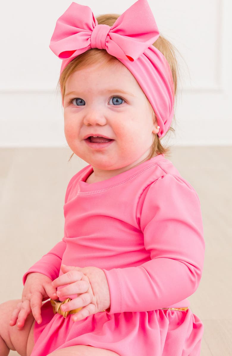 RuffleButts Princess One-Piece Rashguard Swimsuit & Bow Head Wrap Set, Alternate, color, Pink