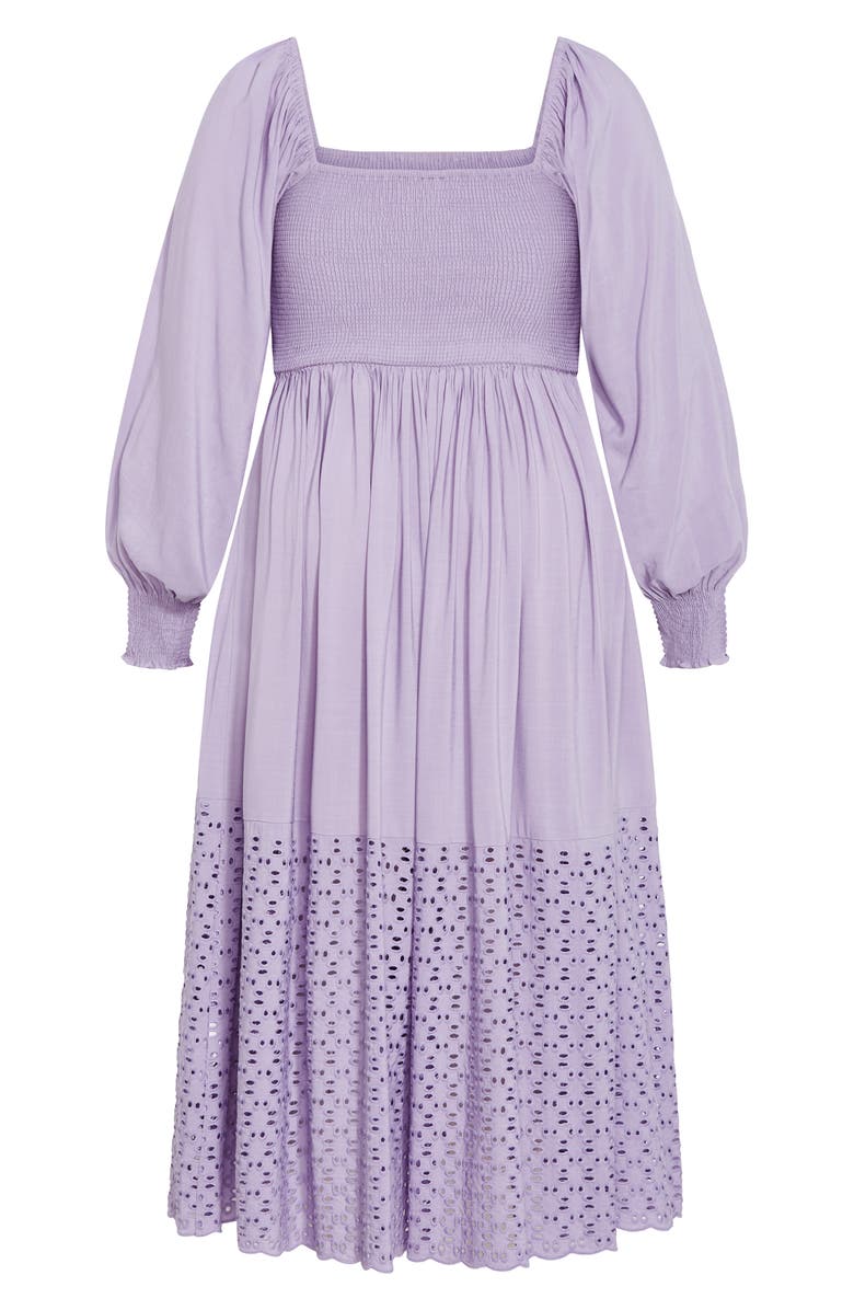 City Chic Tess Eyelet Long Sleeve Midi Dress, Alternate, color, Lavender