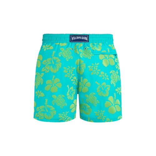Vilebrequin Ultra-light And Packable Flocked Swim Shorts Tropical Turtle In Blue