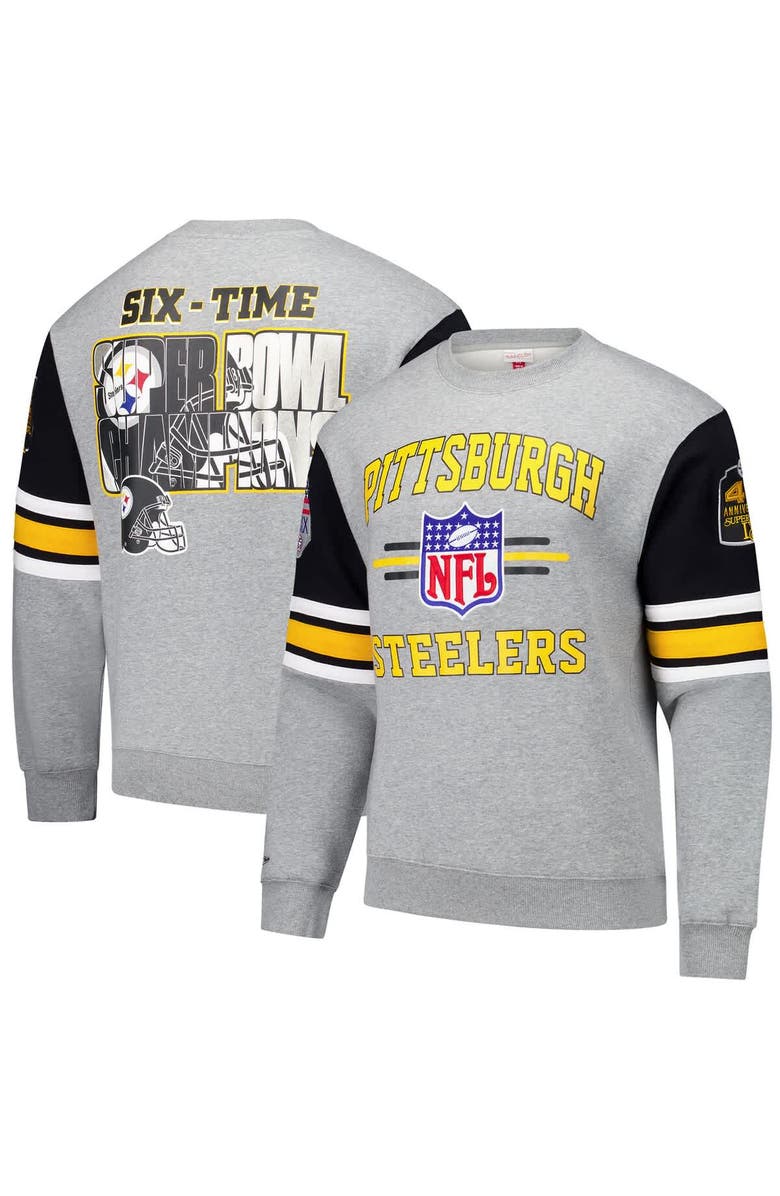 Mitchell & Ness Men's Mitchell & Ness Heather Gray Pittsburgh Steelers All Over 4.0 Vintage Logo Pullover Sweatshirt, Main, color, Heather Gray