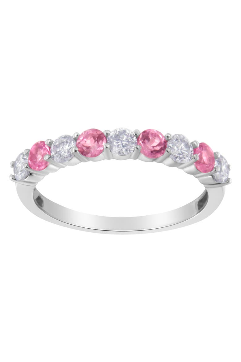 10K Gold 1/2 cttw Diamond and 3MM Created Gemstone Band Ring, Main, color, Pink Sapphire