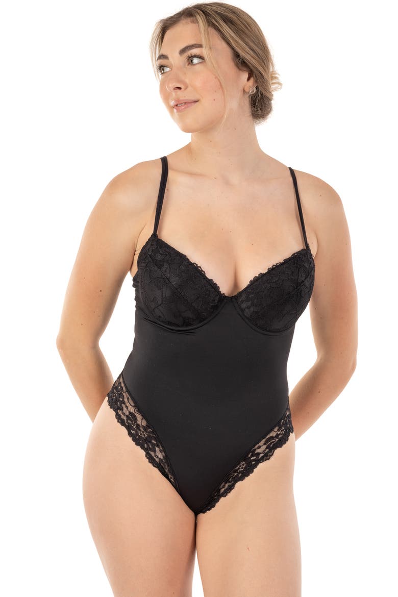 Smooth and Silky Built-in Wire Bra Lace Trim Bodysuit Shaper, Alternate, color, BLACK