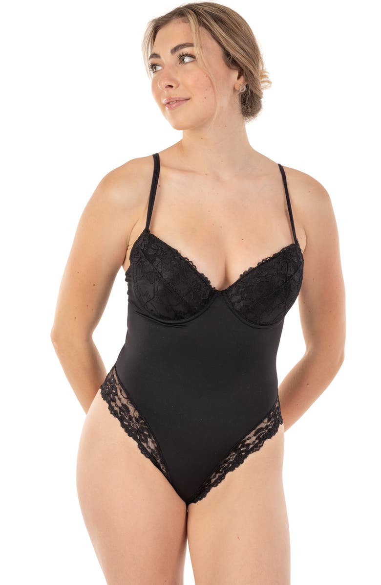 BODY BEAUTIFUL Smooth and Silky Built-in Wire Bra Lace Trim Bodysuit Shaper, Alternate, color, Black