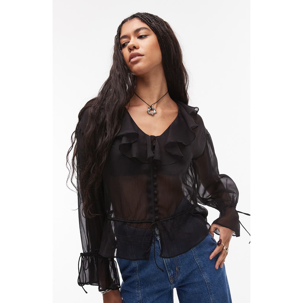 Topshop Ruffle Tie Front Sheer Top In Black