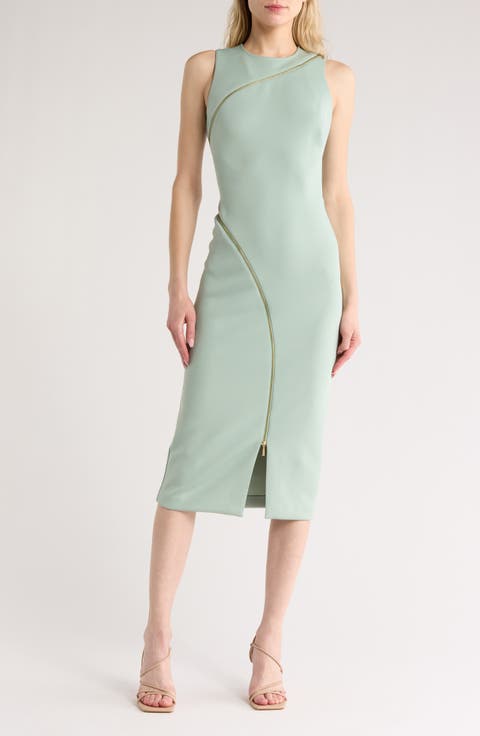 Zipper Trim Sleeveless Midi Sheath Dress
