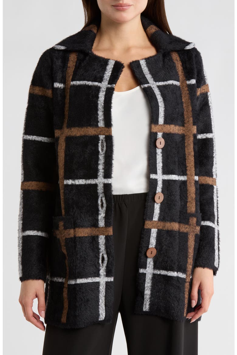 Long Sleeve Plaid Coat, Main, color, BLACK/ WHITE/ CAMEL
