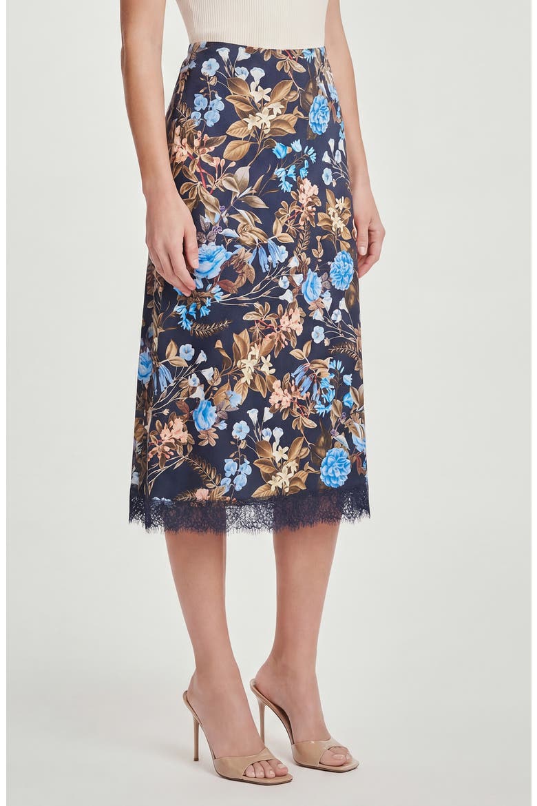 Floral Printed Midi Skirt with Lace Trim, Alternate, color, INDIGO NIGHT