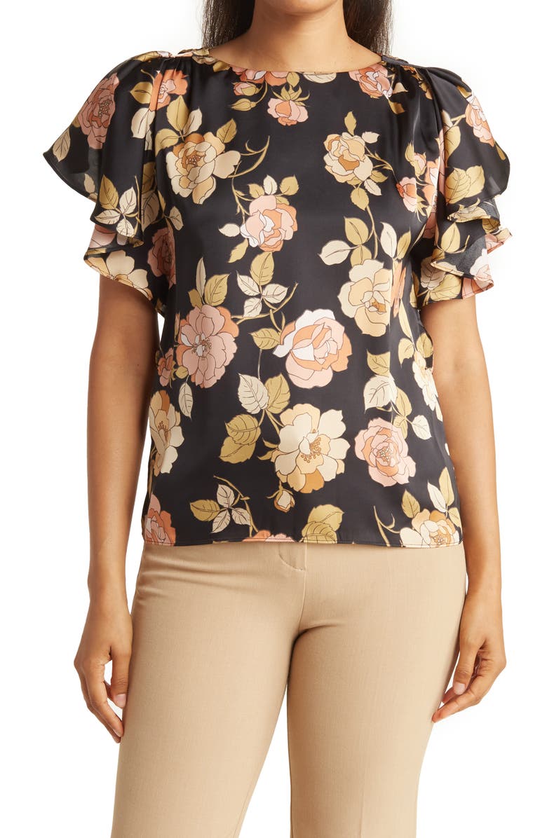 DR2 by Daniel Rainn Satin Layered Ruffle Sleeve Blouse, Main, color, 