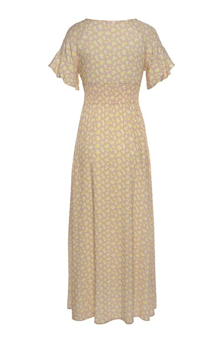 LASCANA Women's Floral V-Neck Dress, Alternate, color, Taupe Yellow