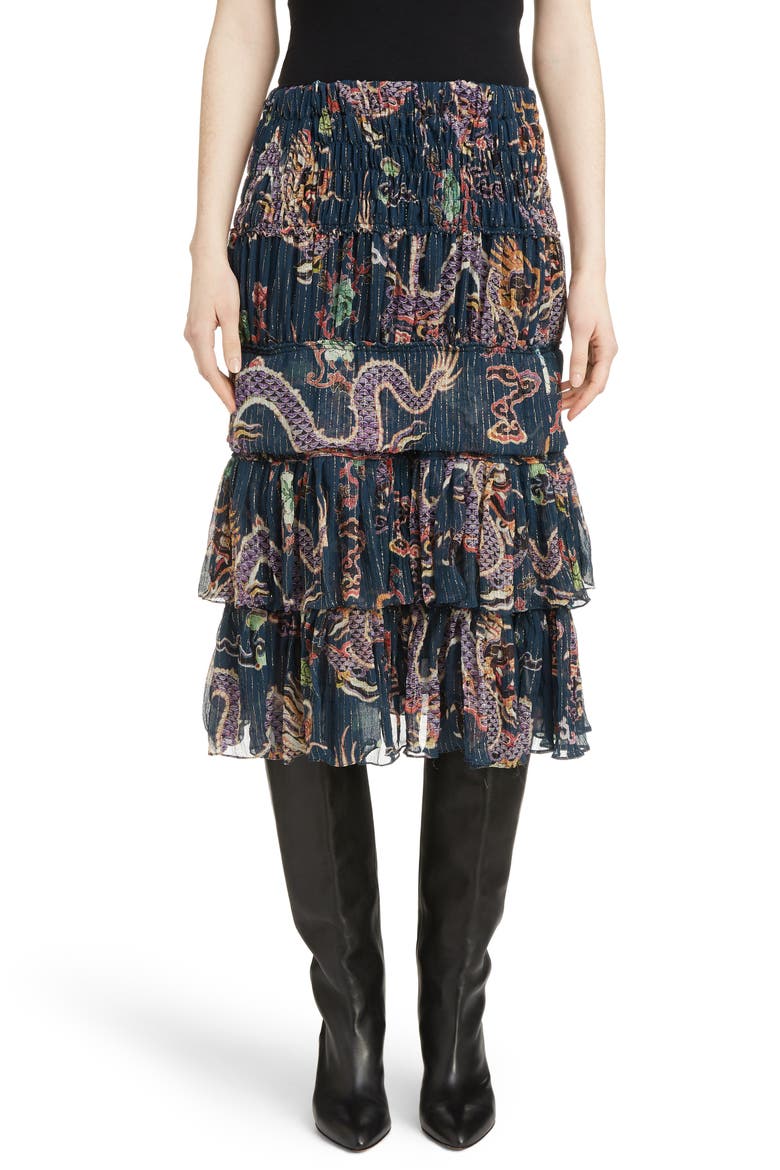 Zuki Tiered Dragon Print Silk Blend Skirt, Main, color, MIDNIGHT
