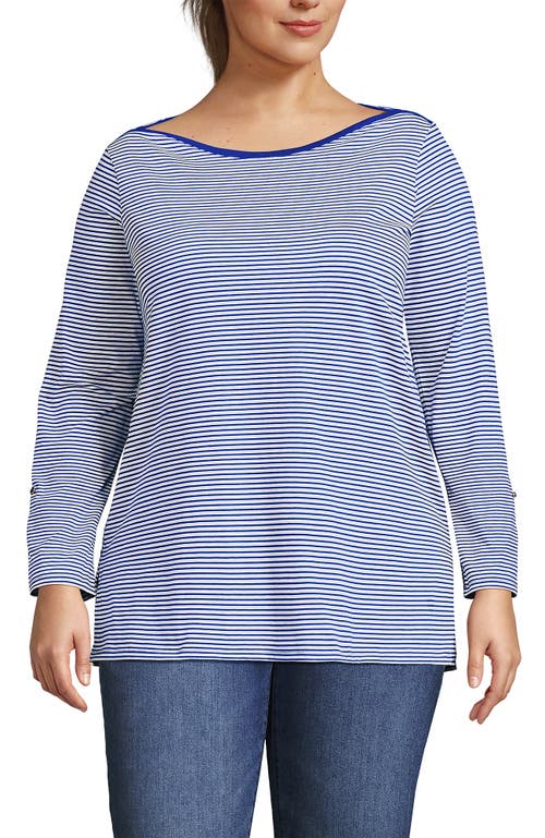 Lands' End Plus Size Supima Cotton Adjustable 3/4 Sleeve Boatneck Tunic In Cobalt/ivory Micro Stripe