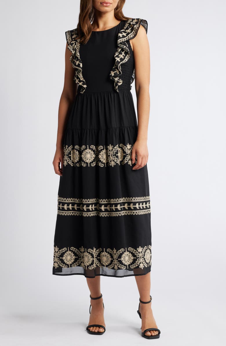 Anne Klein Embroidered Ruffle Sleeve Dress, Main, color, 