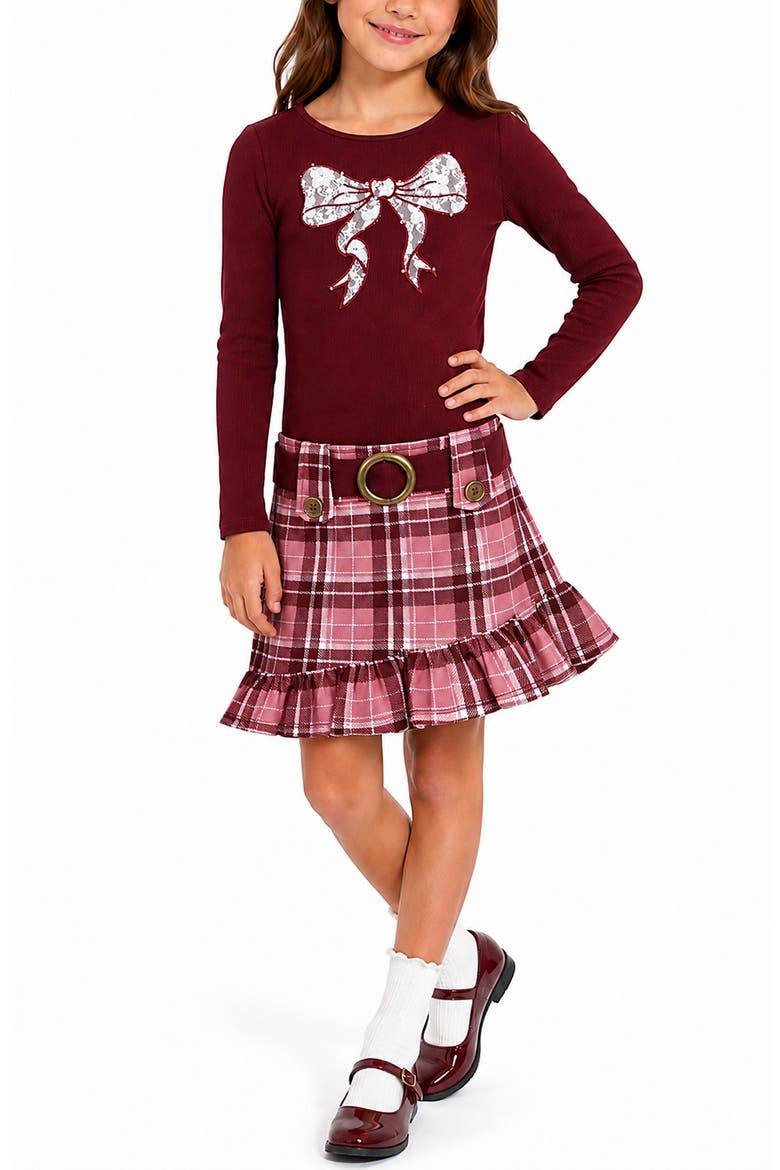 Kids' Bow Detail Plaid Dress, Alternate, color, BURGUNDY PLAID