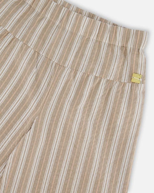 Deux Par Deux Little Girl's Wide Leg Capri Linen Pant White And Sage Striped In White And Sage Striped