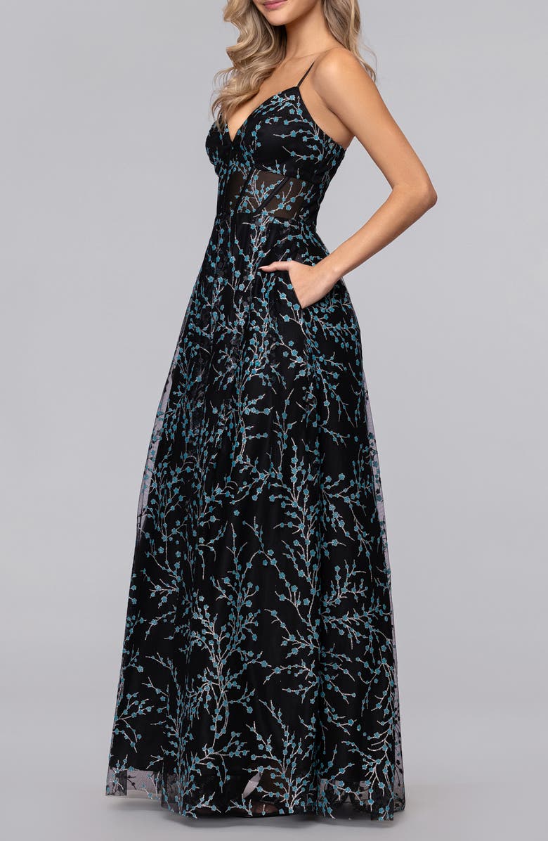 Blondie Nites Caviar Glitter Illusion Bodice Ballgown, Alternate, color, Black/ Aqua