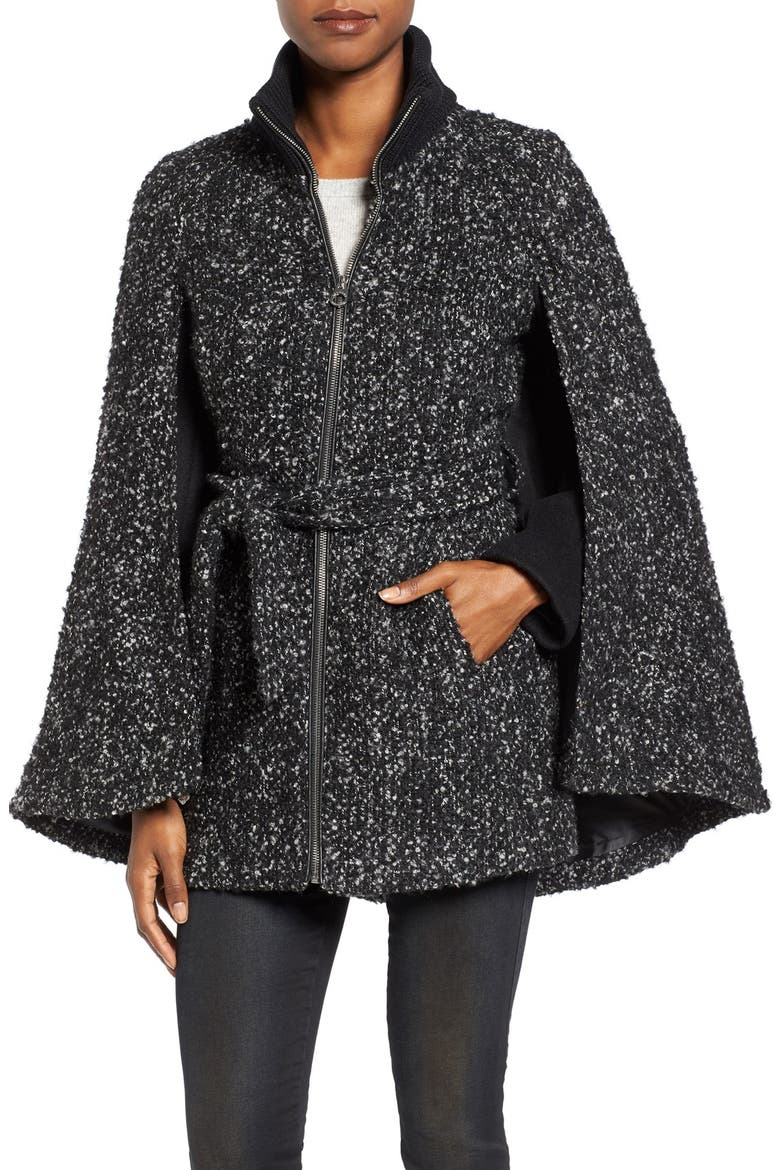 Tweed Bouclé Belted Cape, Main, color, BLACK GREY