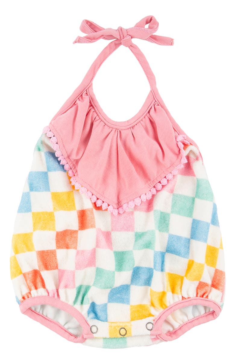 Miki Miette Star Check Print Cotton Terry Halter Bubble Romper, Main, color, 