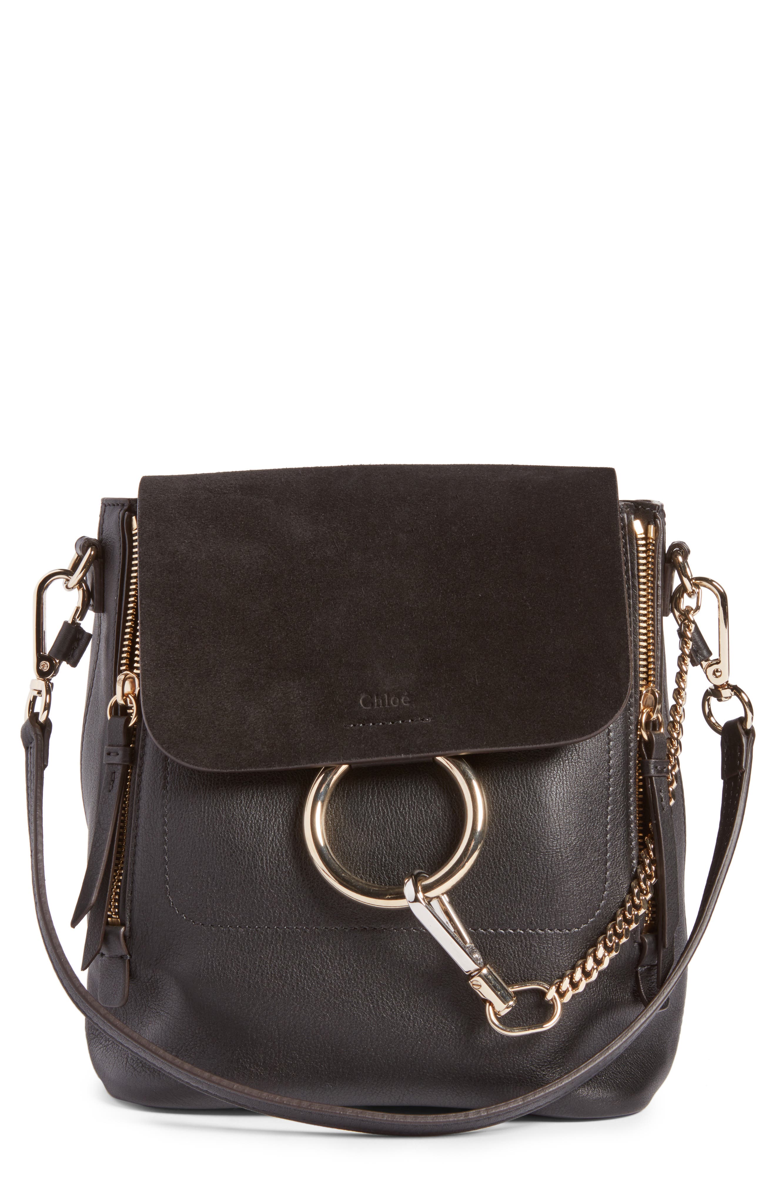 Small Faye Suede & Leather Backpack, Main, color, BLACK