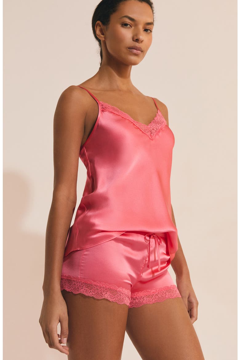 Milky Lace Trim Washable Silk Satin Pajama Shorts, Alternate, color, VERMILION