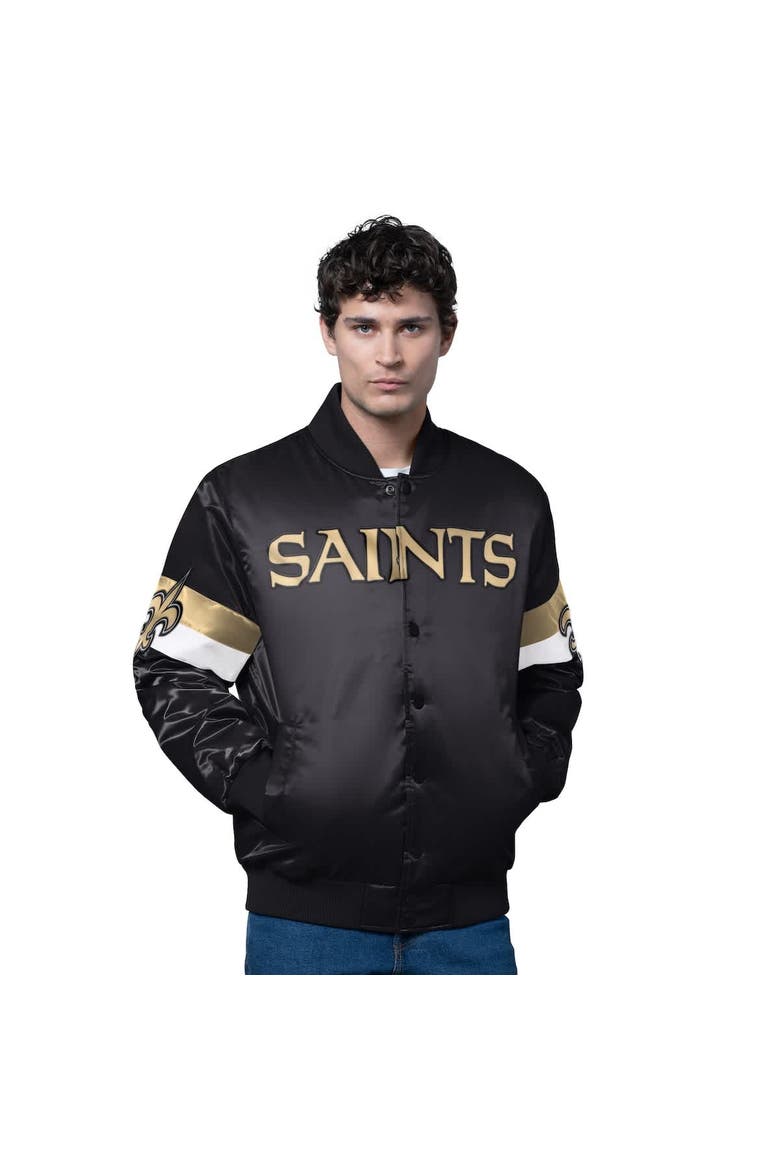 Men's Starter Black New Orleans Saints Triple Option Satin Varsity Full-Snap Jacket, Main, color, Black