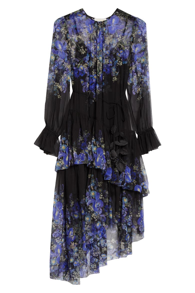 Lyrical Iris Print Tiered Ruffle Long Sleeve Silk Georgette Midi Dress, Alternate, color, BLUE IRIS BLACK