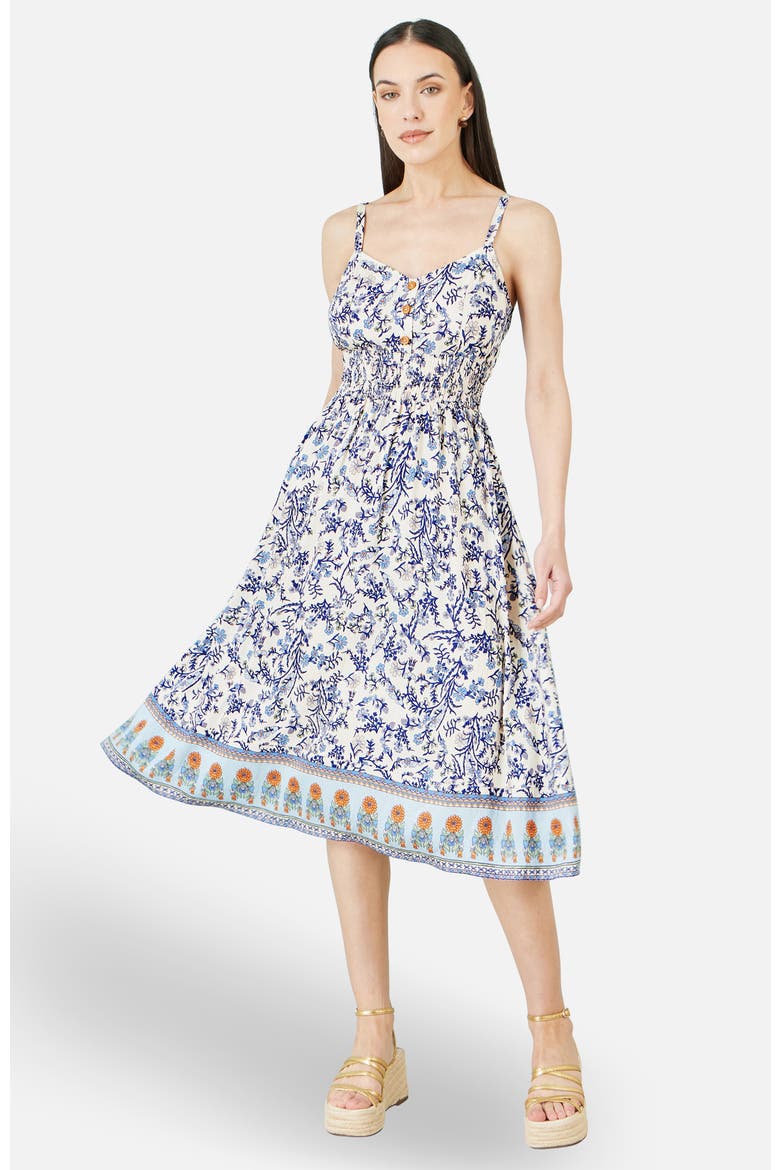 Floral Border Print Midi Sun Dress, Alternate, color, White