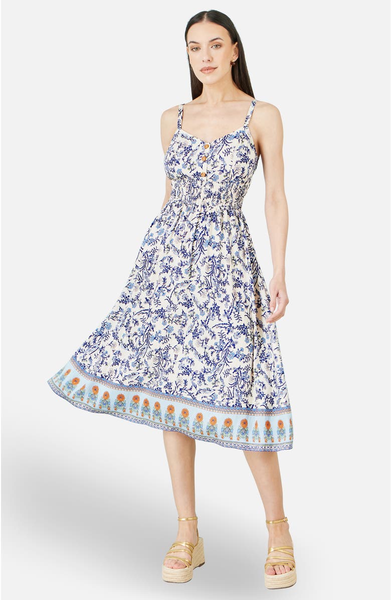 Yumi Floral Border Print Midi Sun Dress, Alternate, color, White