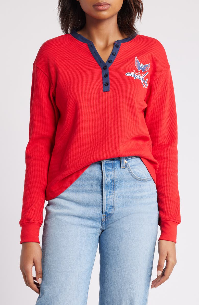 WEAR by Erin Andrews Women's WEAR by Erin Andrews Red Washington Capitals Waffle Henley Long Sleeve T-Shirt, Main, color,