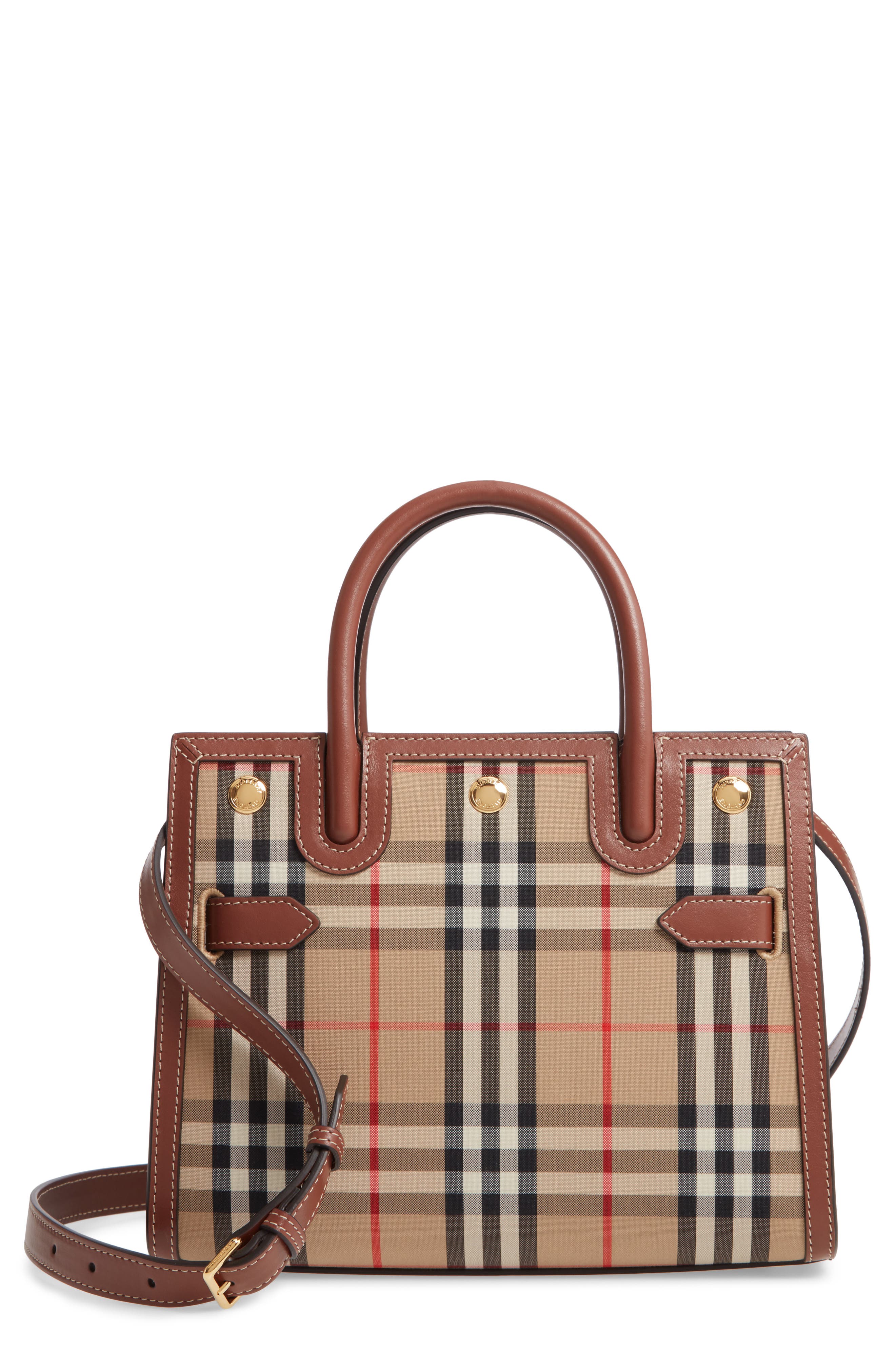 Burberry Mini Title Vintage Check Double Handle Leather & Canvas Bag, Main, color, 
