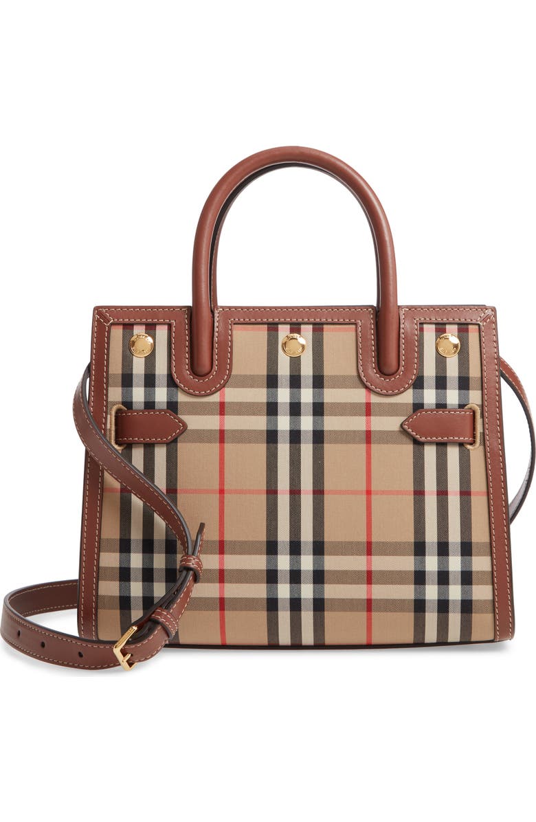 Burberry Mini Title Vintage Check Double Handle Leather & Canvas Bag, Main, color,