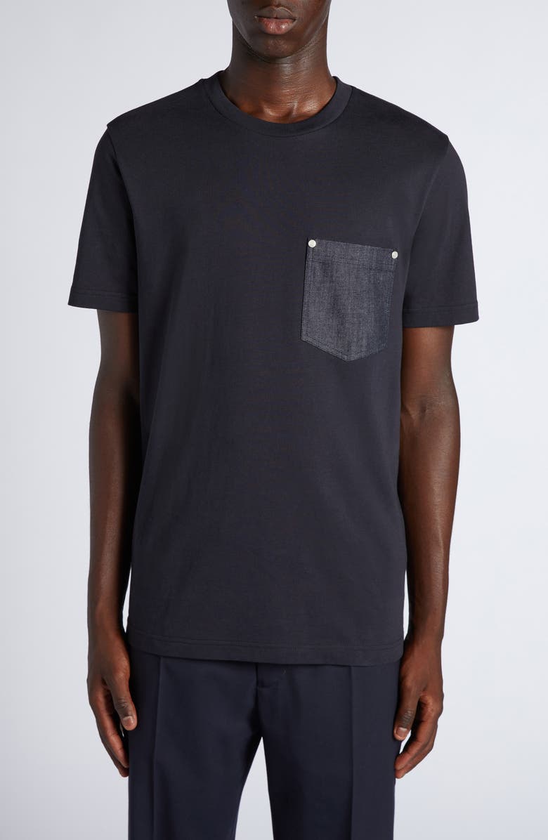 Moncler Stretch Denim Pocket Crewneck T-Shirt, Main, color,