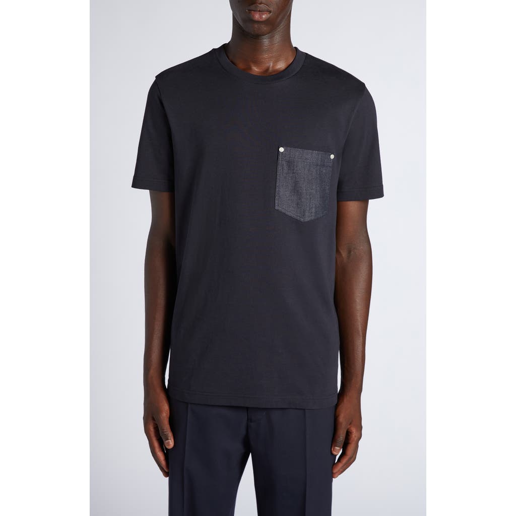 Moncler T-shirt En Coton Et Denim Avec Poche In Dark Navy Blue