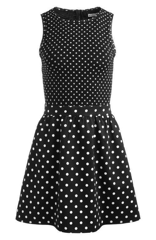 Alice And Olivia Alice + Olivia Chara Mixed Scale Polka Sot Sleeveless Fit & Flare Minidress In Black With White Dots