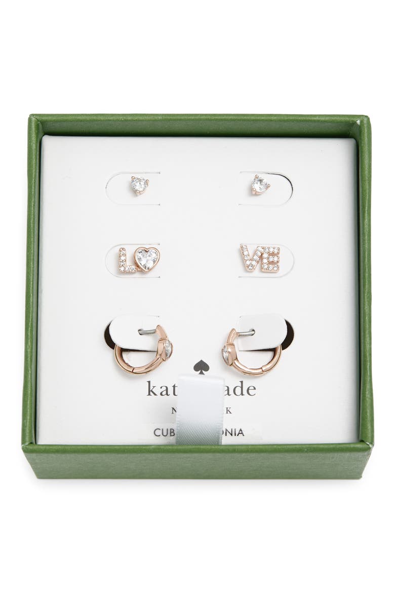 spell it out 3-pack studs and huggie hoop earrings, Alternate, color, CLEAR/ROSE GOLD