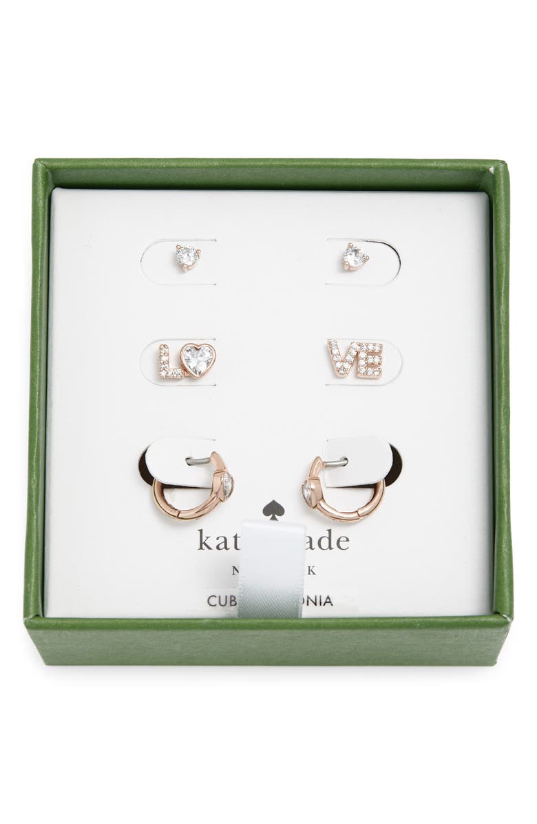 Kate Spade New York spell it out 3-pack studs and huggie hoop earrings, Alternate, color, Clear/ Rose Gold